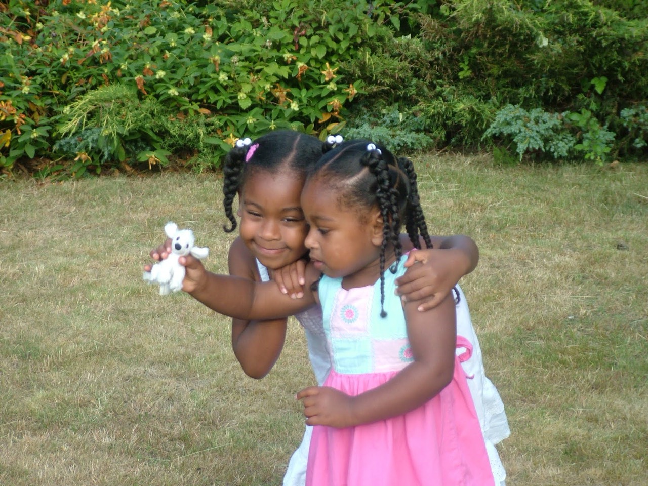 Two sisters embracing on the lawn while holding a small toy.