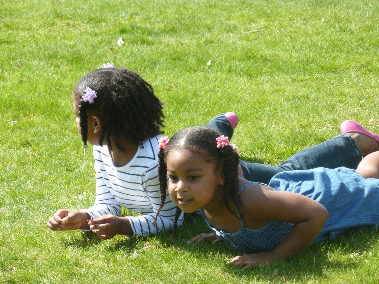Two sisters resting together on the grass.
