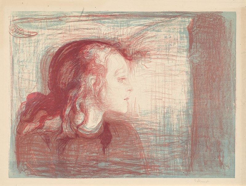 Red and blue artwork of a figure in profile.