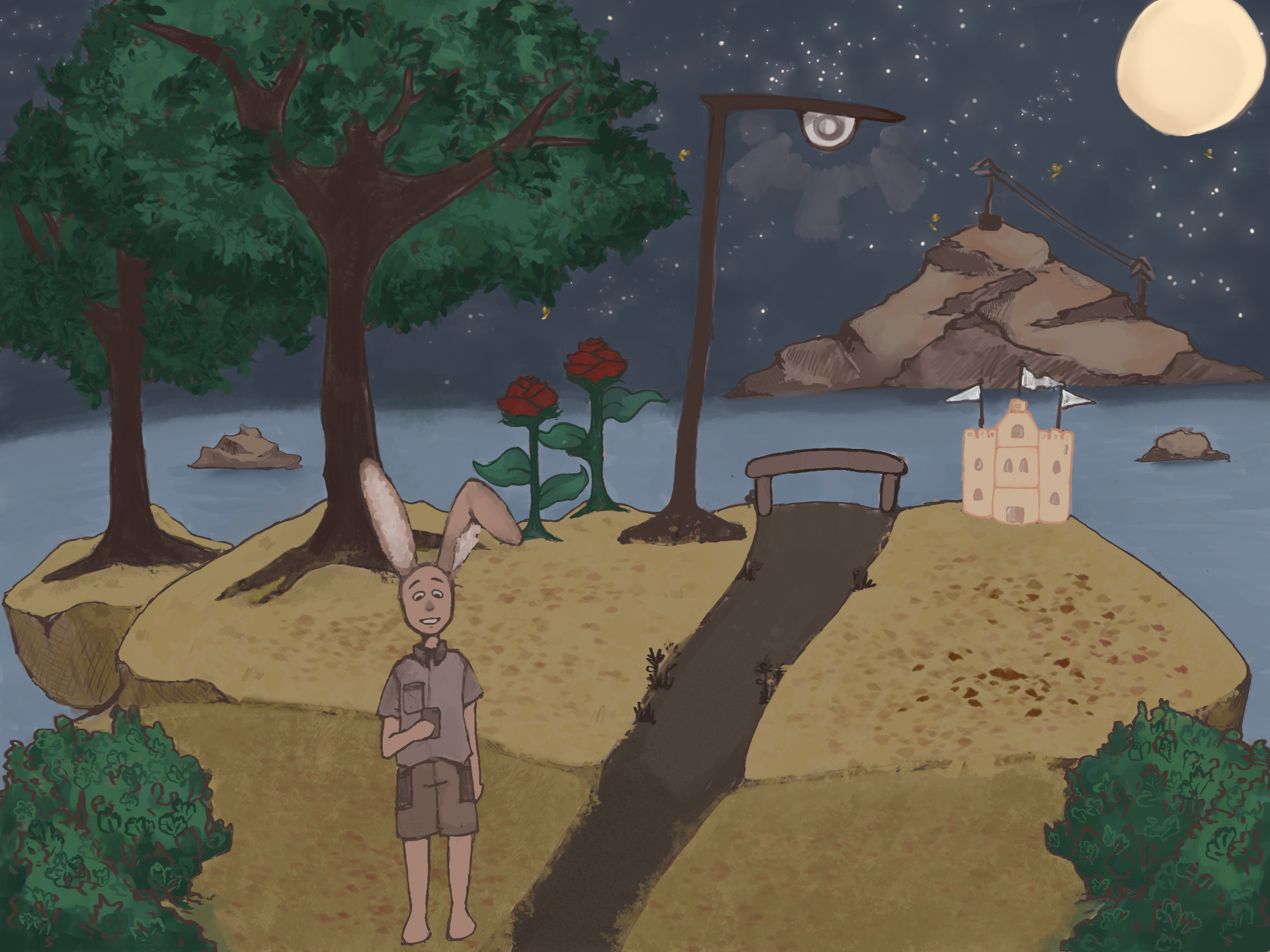 Illustrated With Love island scene with rabbits, trees, moonlight and a castle.