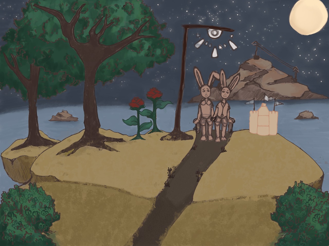 With Love illustration process image 1 of 8, showing the moonlit island scene and the rabbit couple seated together.