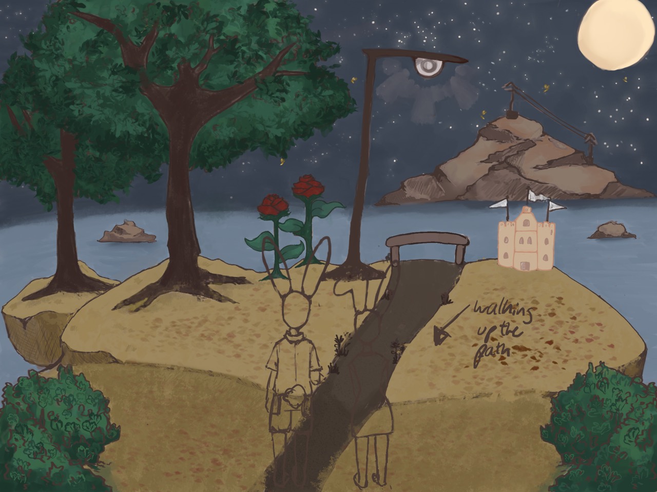 With Love illustration process image 2 of 8, showing early character sketches on the moonlit island scene.