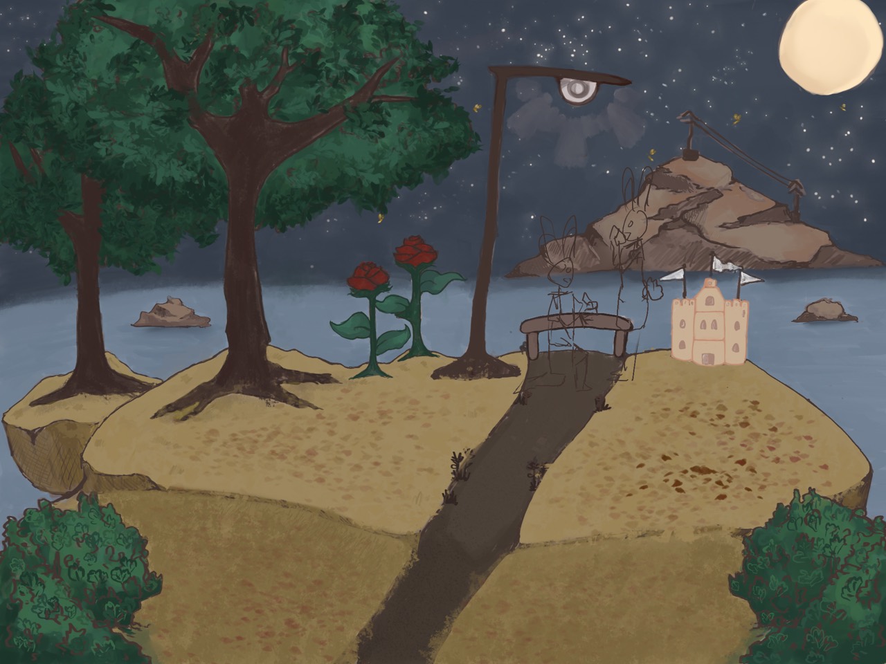 With Love illustration process image 3 of 8, showing exploratory rabbit character sketches near the bridge.