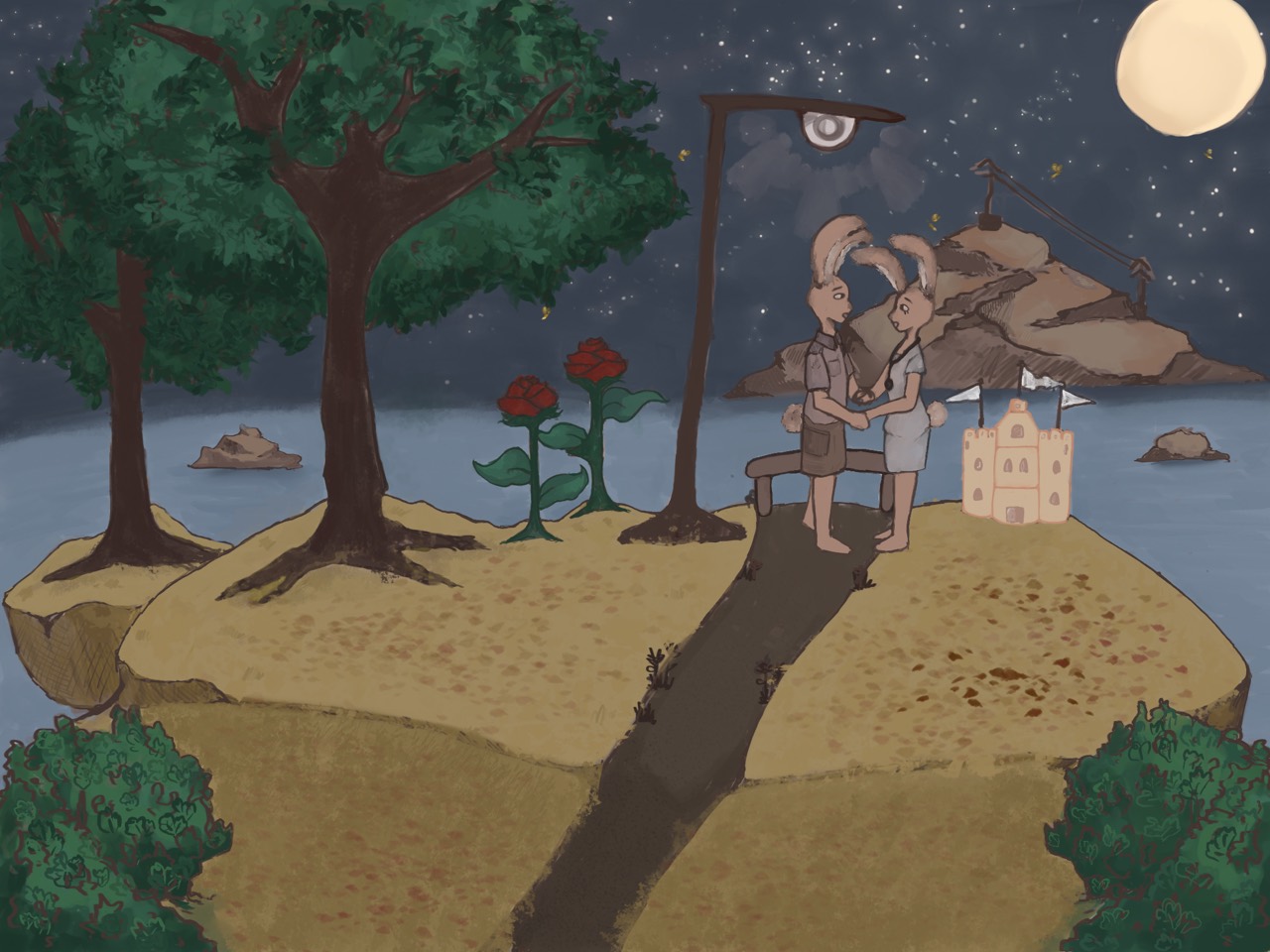 With Love illustration process image 4 of 8, showing the rabbit couple standing together on the bridge.