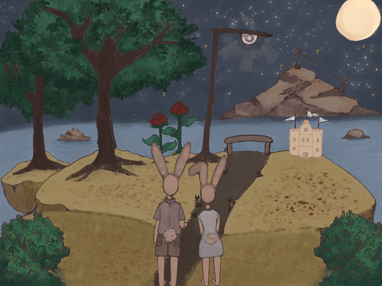 With Love illustration process image 5 of 8, showing the rabbit couple looking towards the bridge and castle.