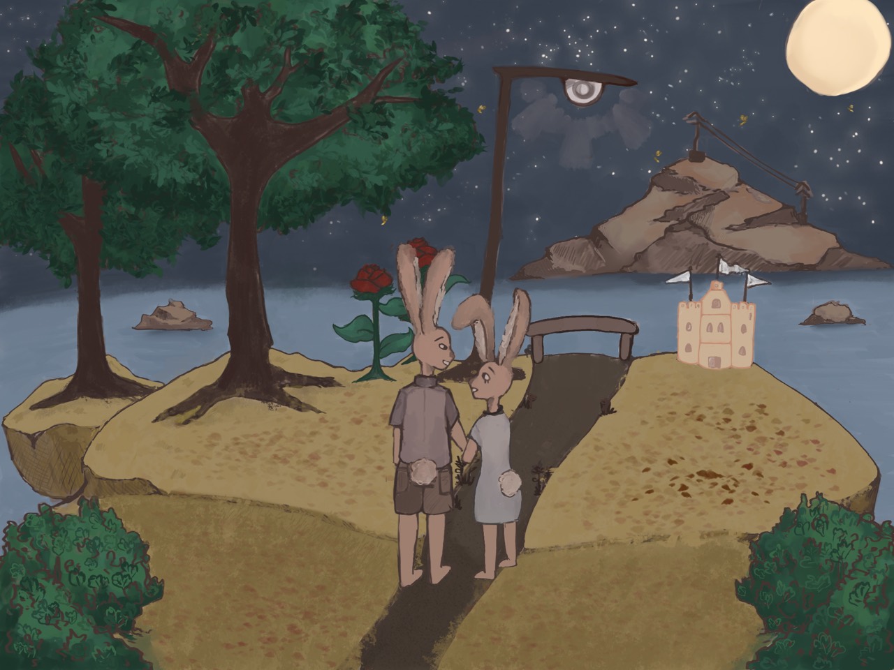 With Love illustration process image 7 of 8, showing the rabbit couple holding hands on the path.