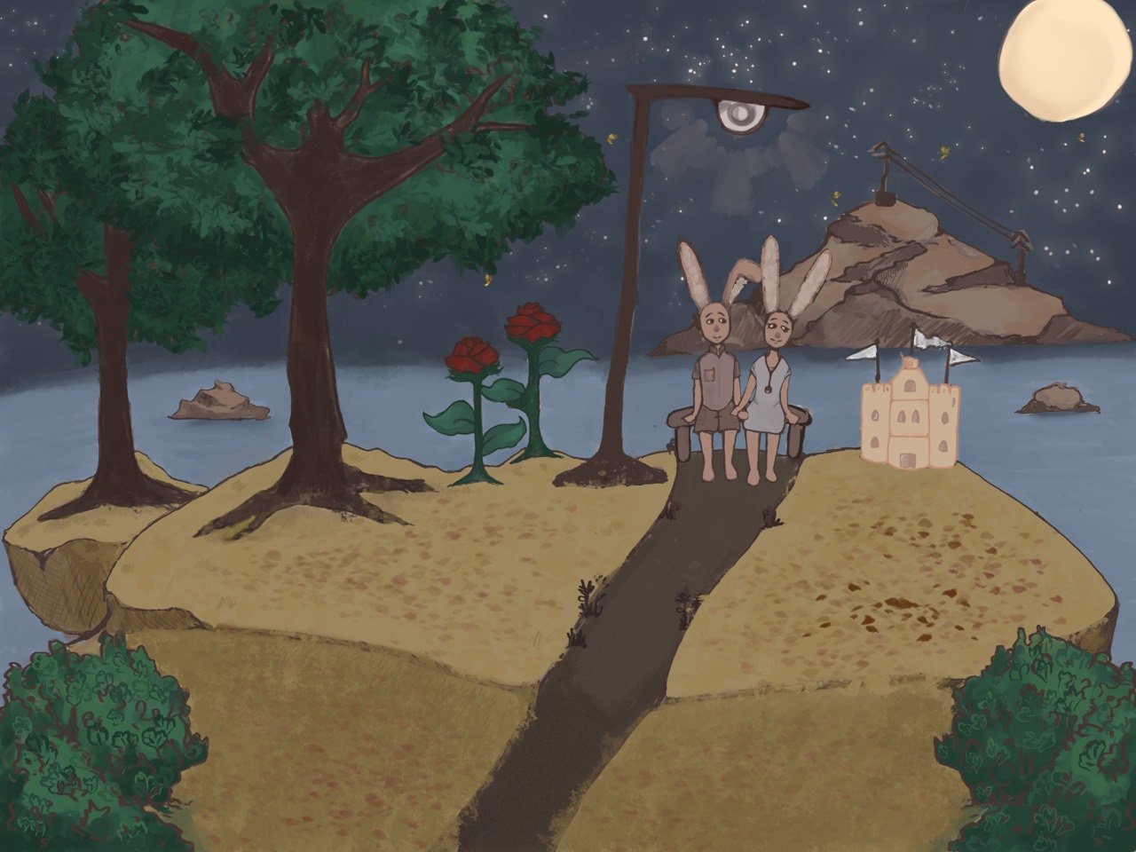 With Love illustration process image 8 of 8, showing the finished rabbit couple seated together on the bridge.